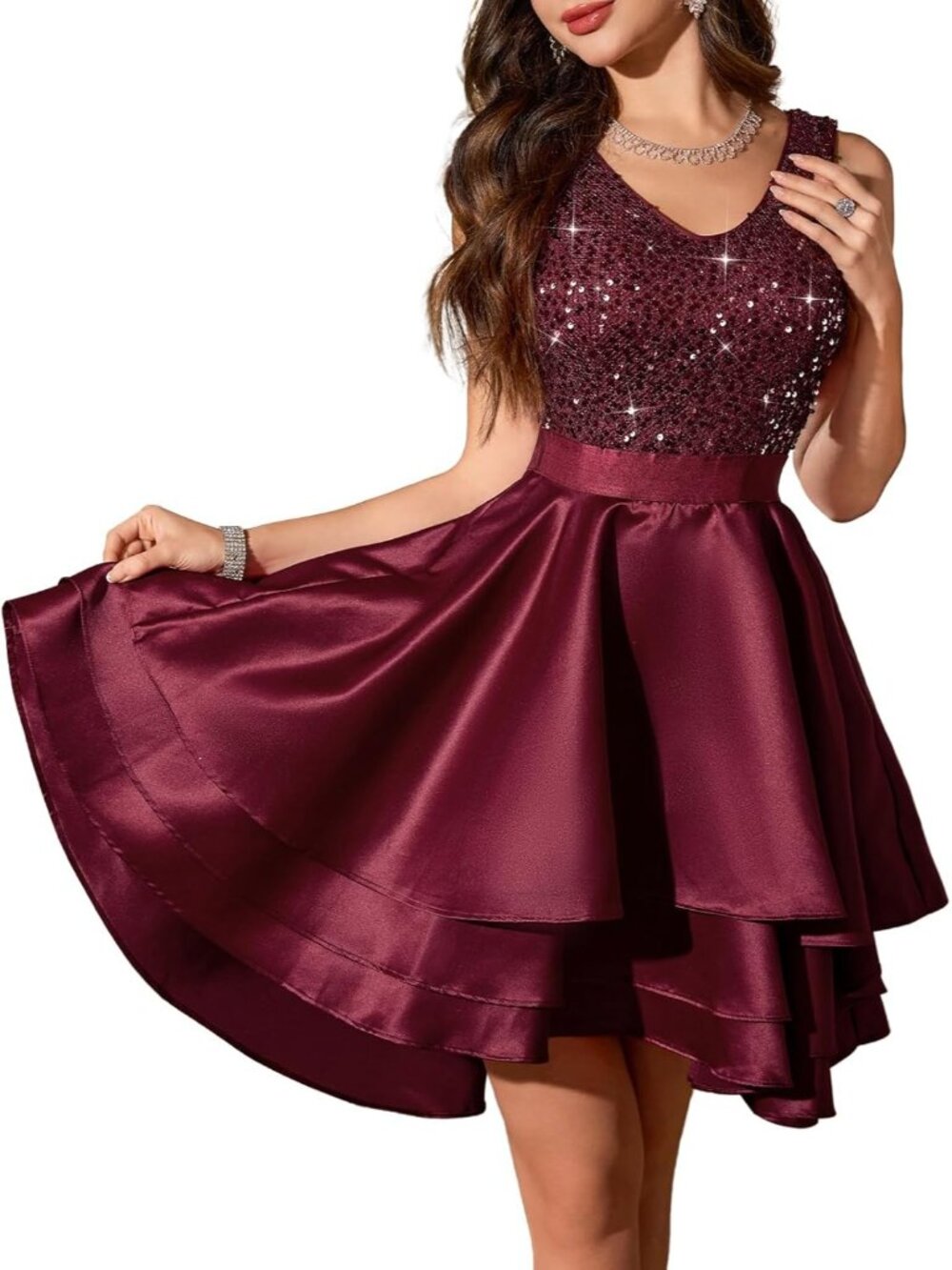 Women's Burgundy Short Sequin Low Satin Sleeveless Cocktail Bodycon Maxi Dress